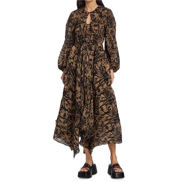 Jonathan Simkhai Tiff Black Brown Floral Smocked Chiffon Handkerchief Dress8